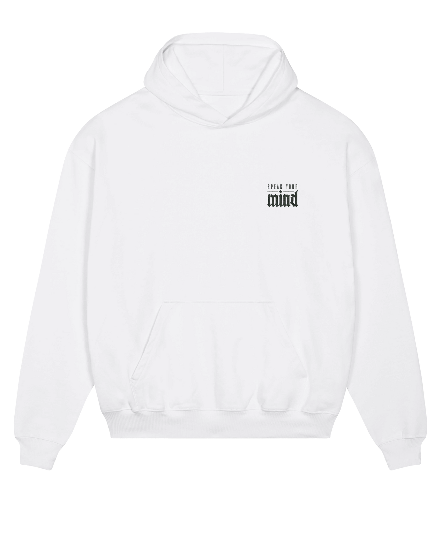 White speak your mind hoodie flat lay, front view