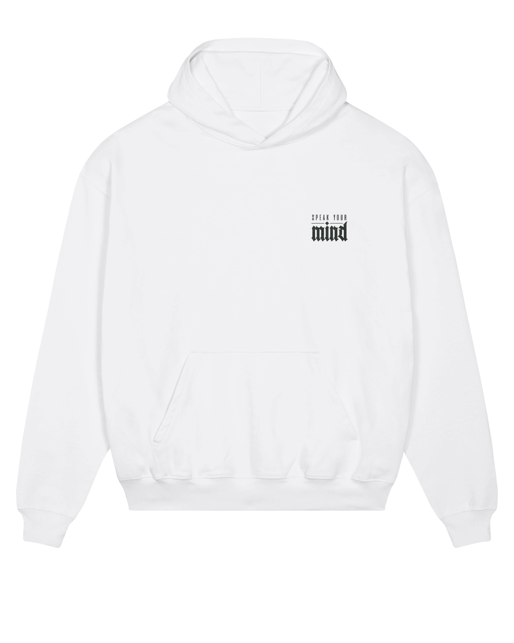 White speak your mind hoodie flat lay, front view