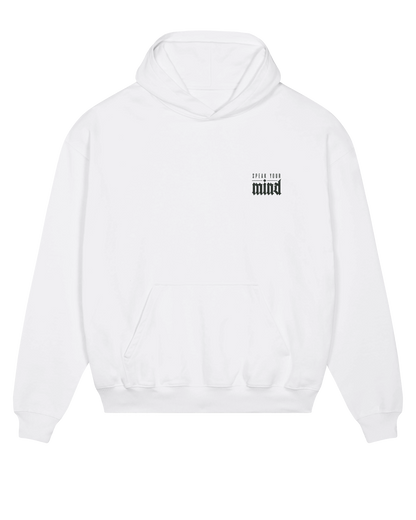 White speak your mind hoodie flat lay, front view