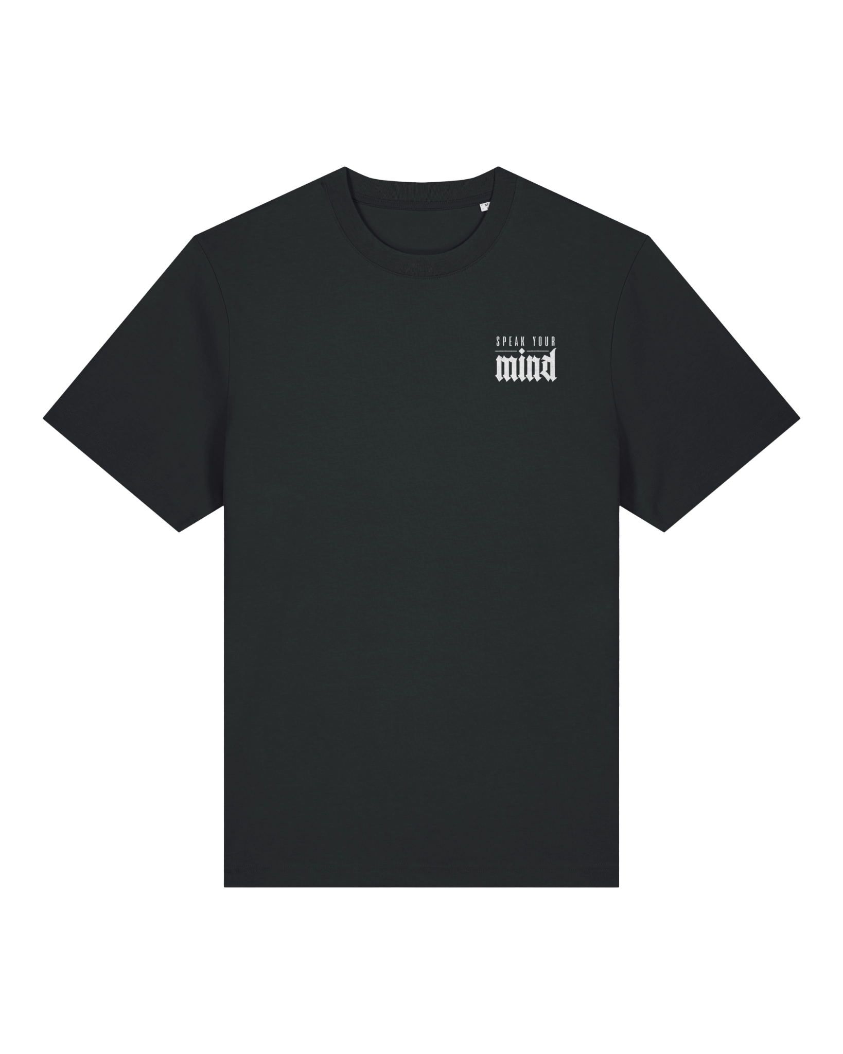 Black speak your mind tee flat lay, front view
