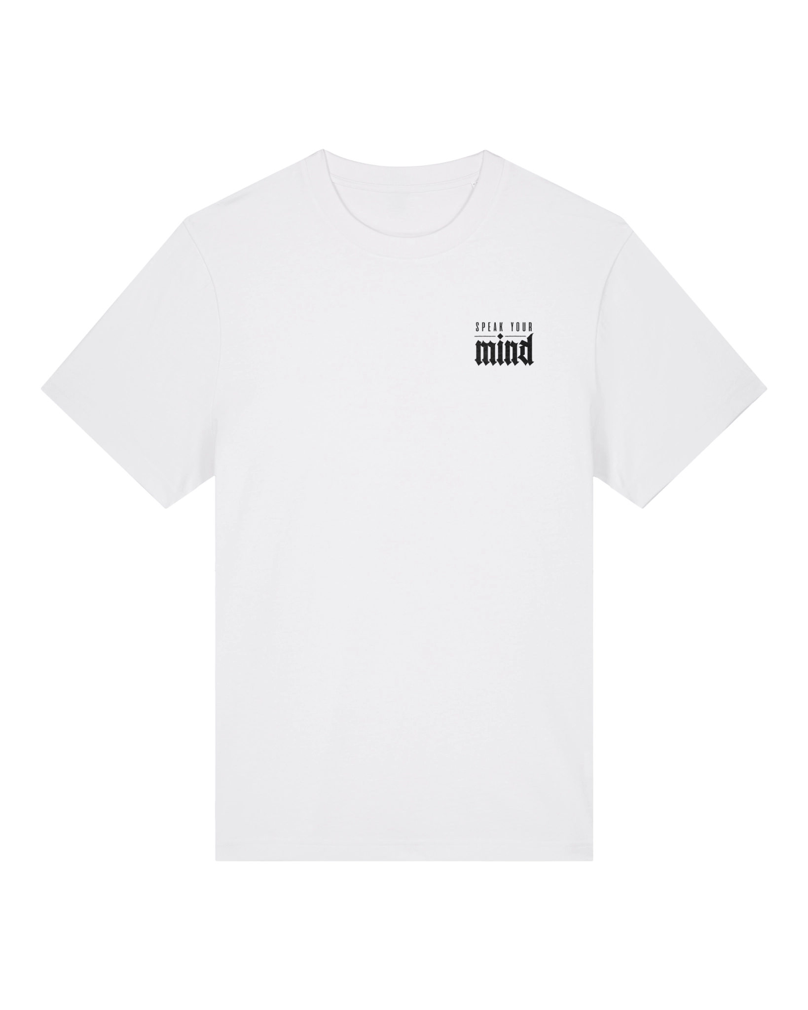White speak your mind tee flat lay, front view