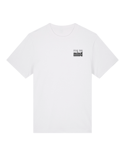 White speak your mind tee flat lay, front view