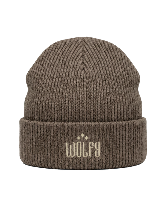 Mocha trademark beanie flat lay, front view