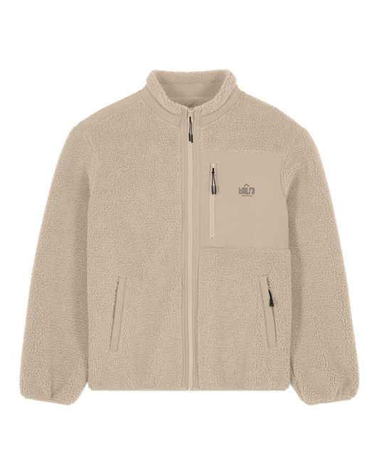 Sand trademark teddy jacket flat lay, front view