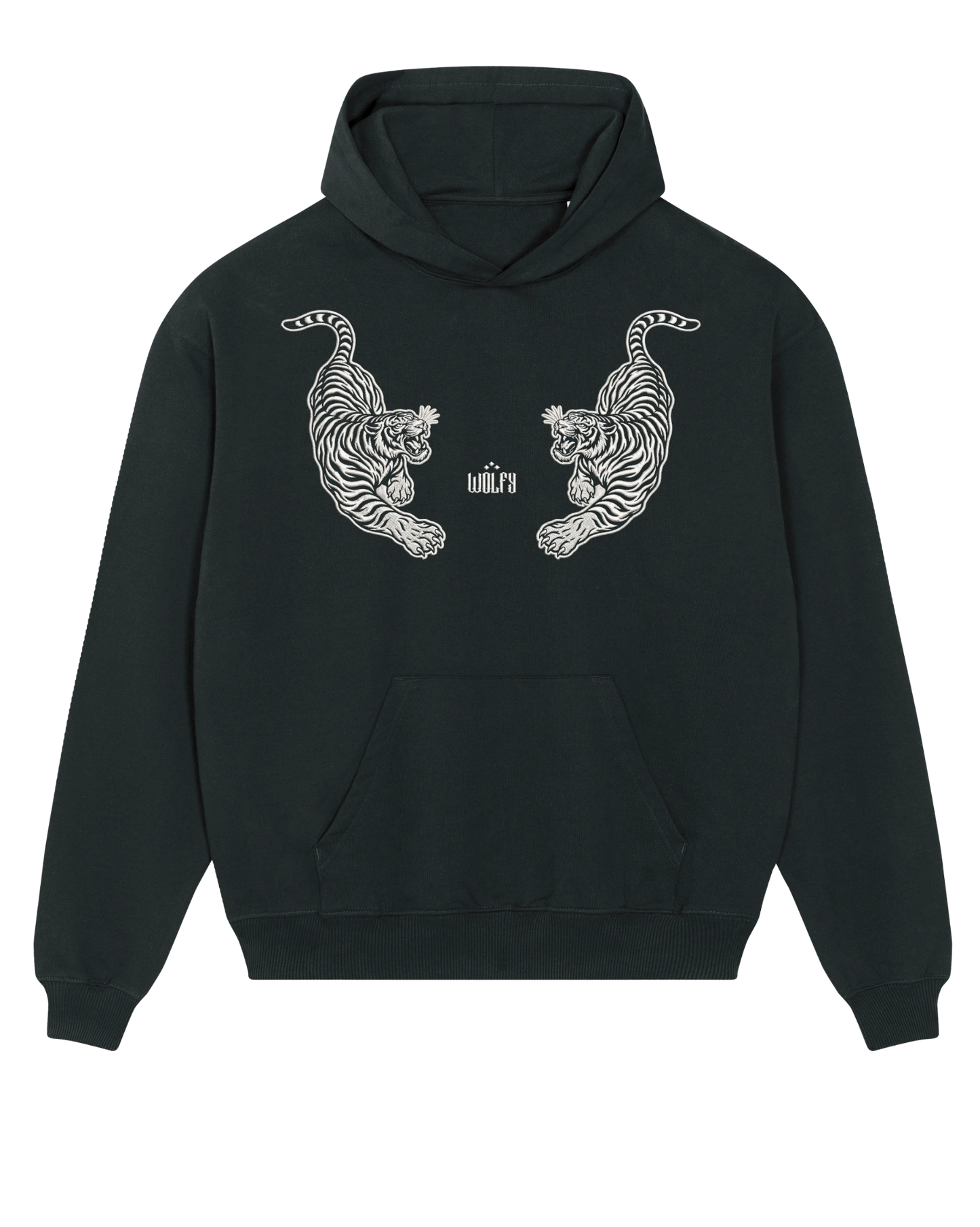 Black twin tiger hoodie flat lay, front view