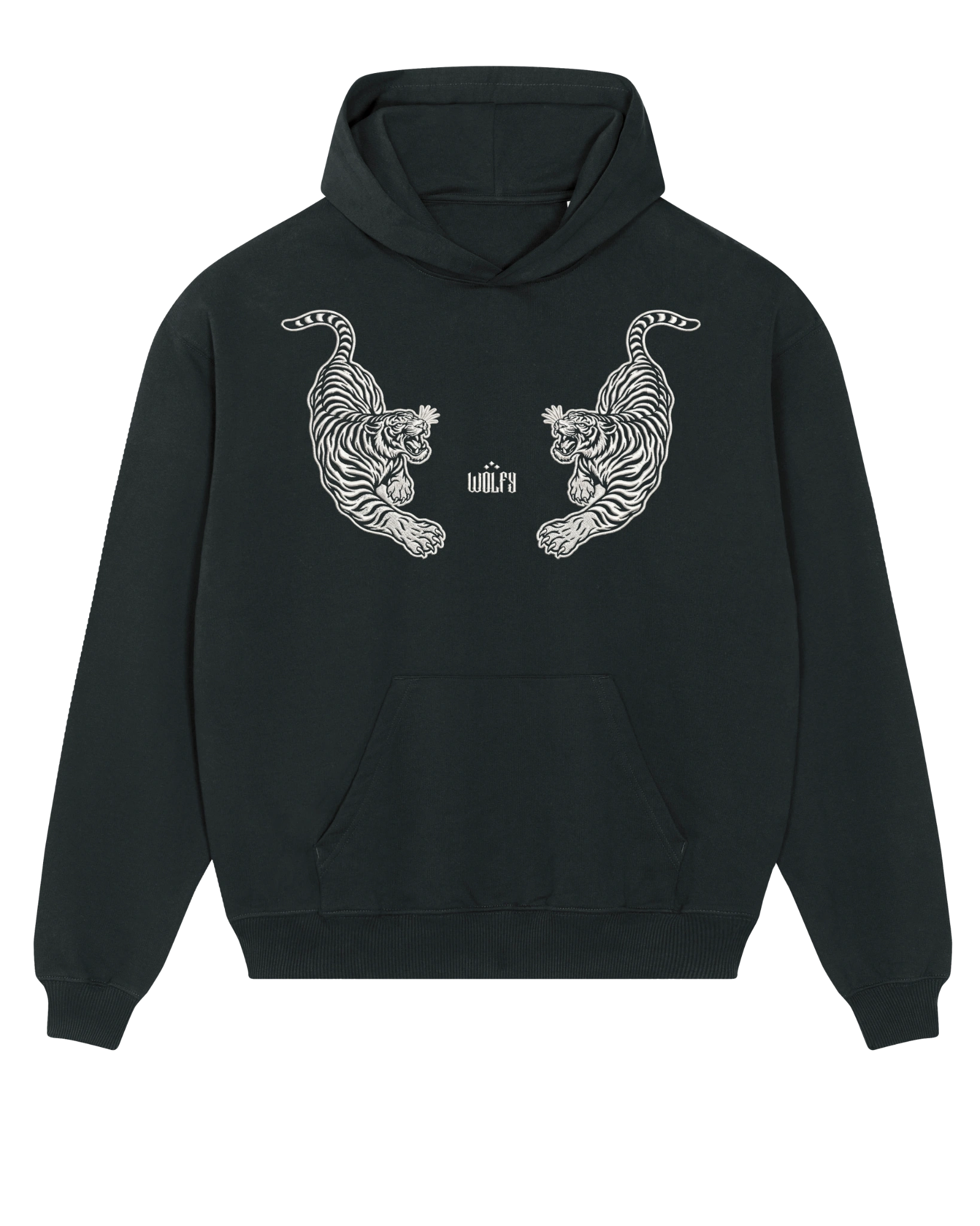 Black twin tiger hoodie flat lay, front view