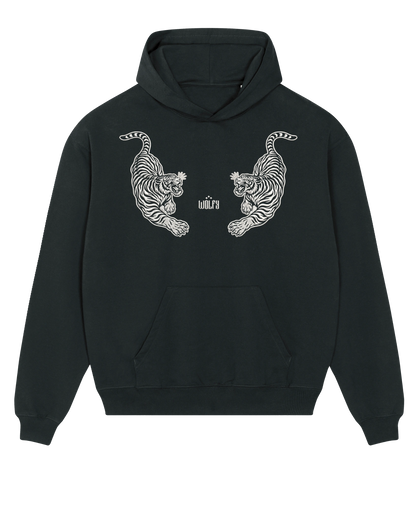 Black twin tiger hoodie flat lay, front view