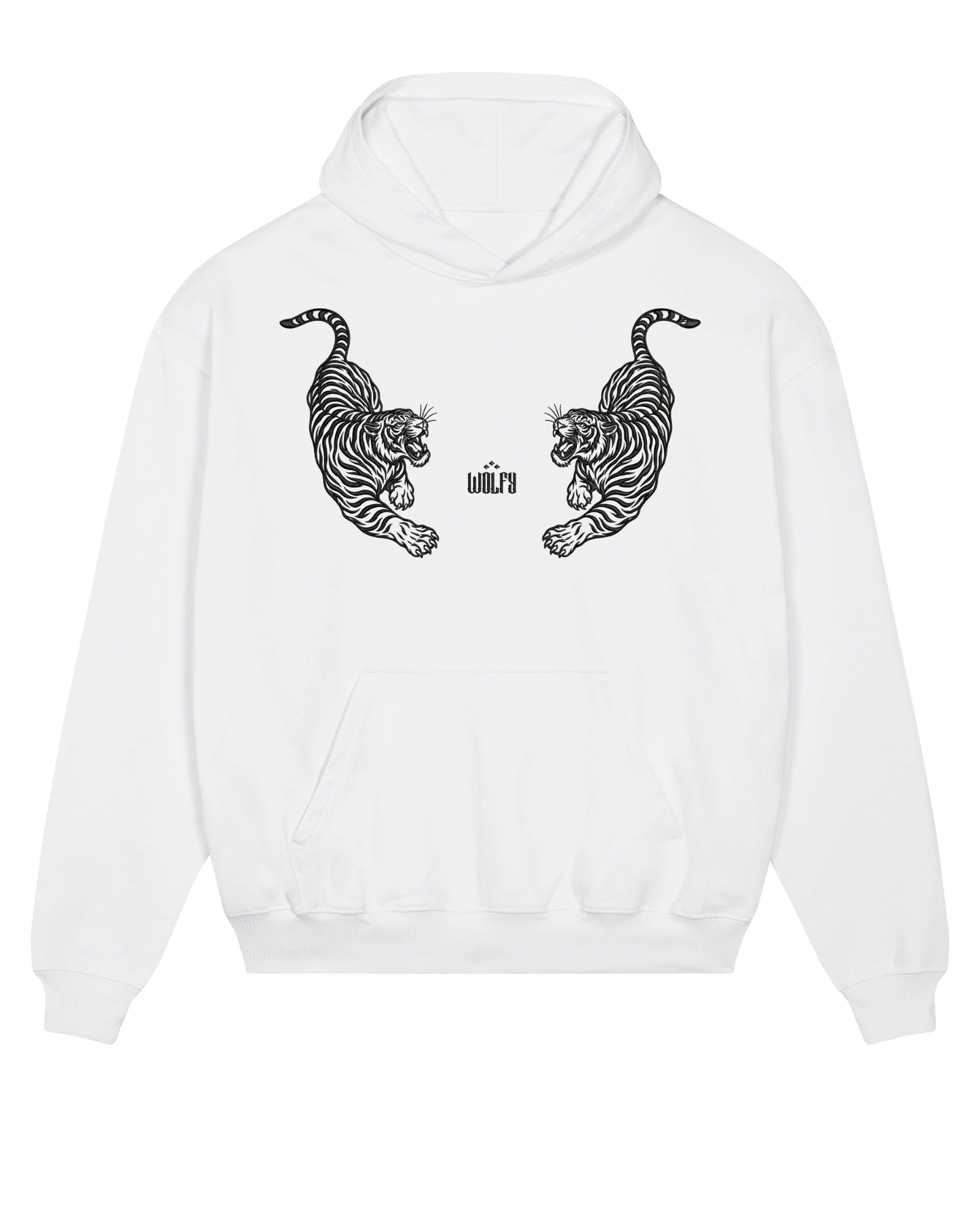 White twin tiger hoodie flat lay, front view