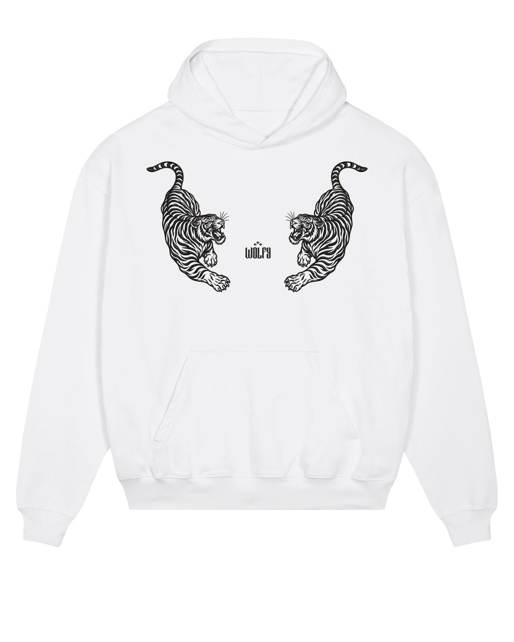 White twin tiger hoodie flat lay, front view