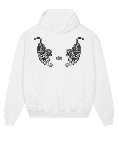 White twin tiger hoodie flat lay, front view