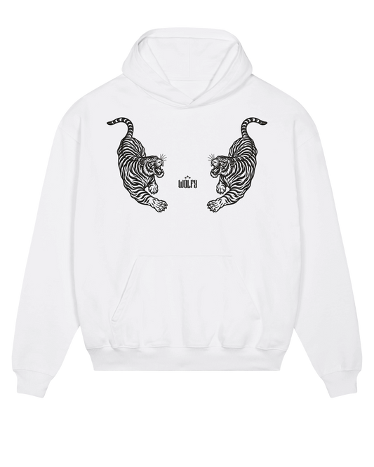 White twin tiger hoodie flat lay, front view