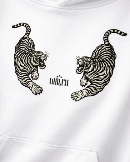 Twin tiger artwork detail on white hoodie