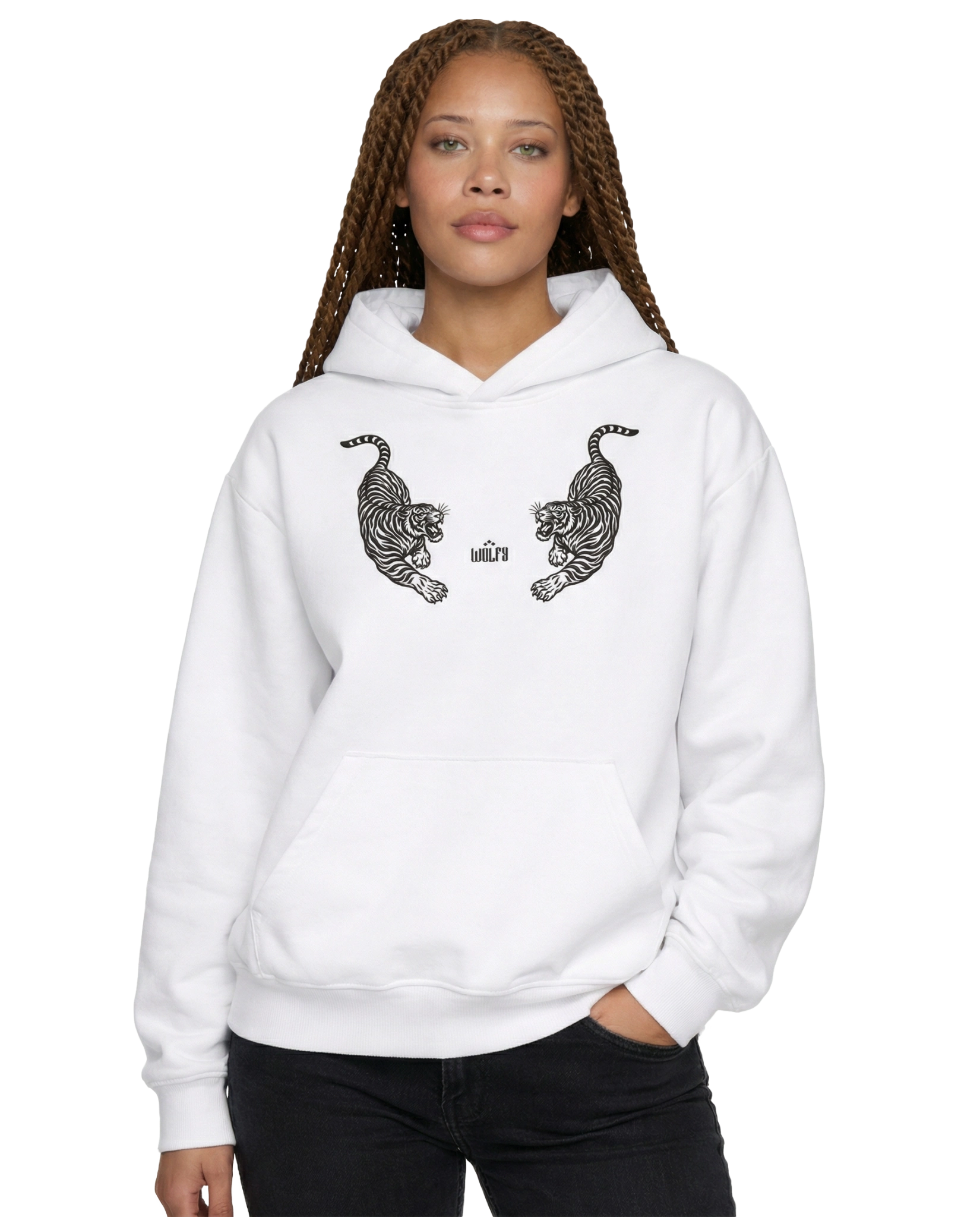 White twin tiger hoodie worn on model, front view