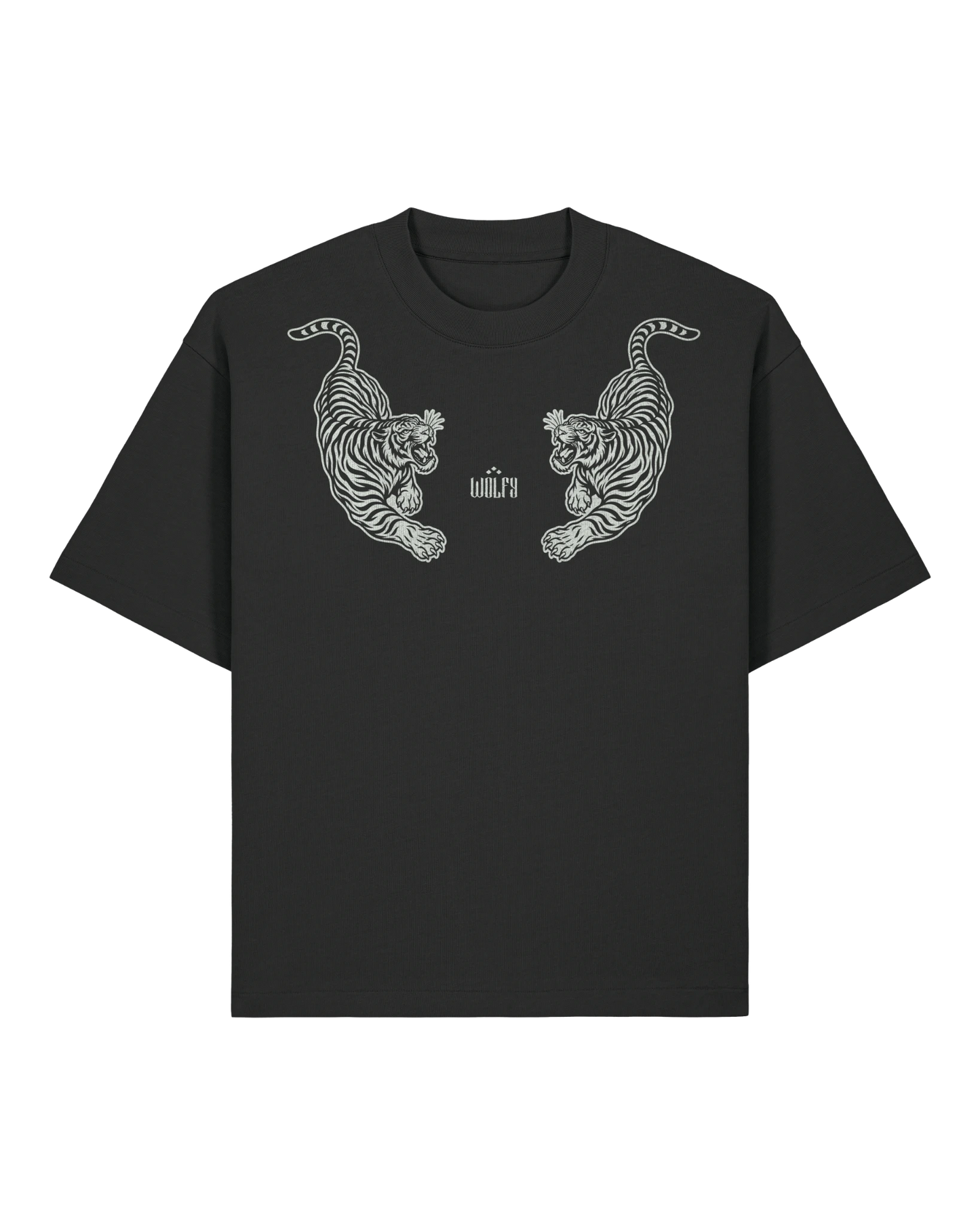 Black twin tiger tee flat lay, front view