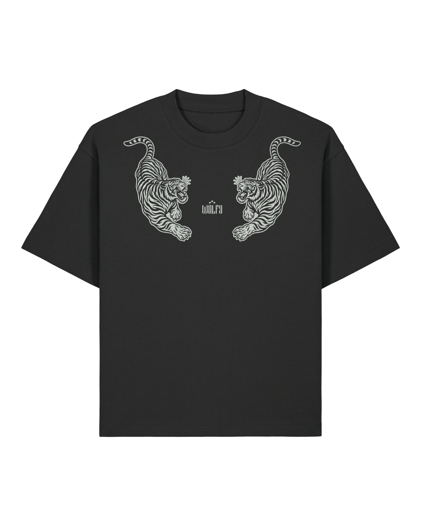 Black twin tiger tee flat lay, front view
