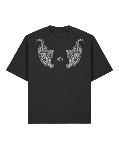Black twin tiger tee flat lay, front view