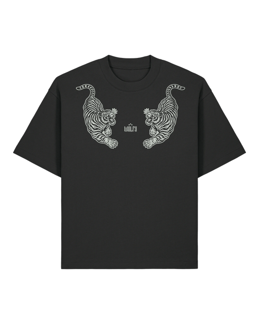 Black twin tiger tee flat lay, front view
