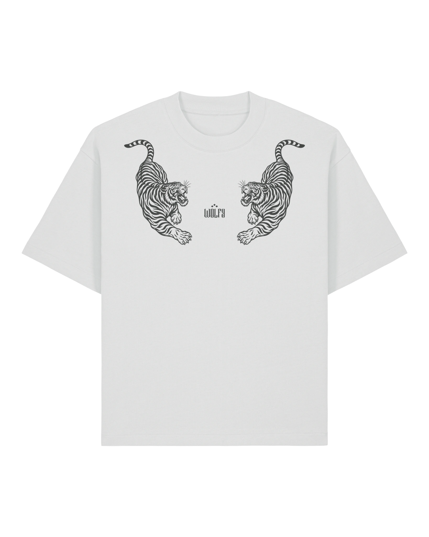 White twin tiger tee flat lay, front view