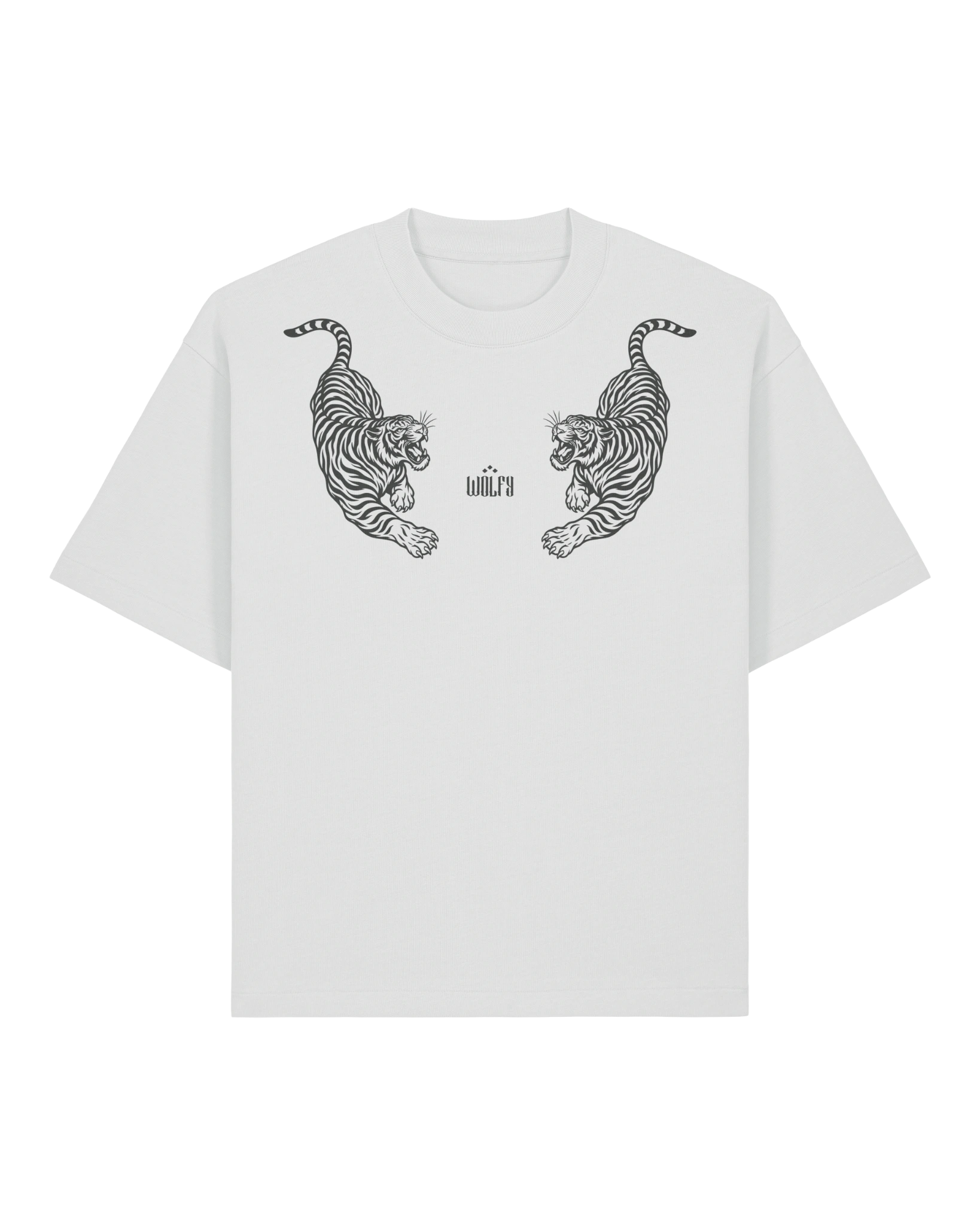 White twin tiger tee flat lay, front view