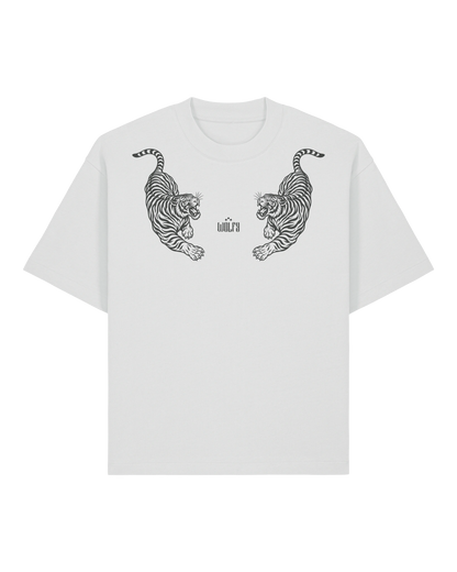 White twin tiger tee flat lay, front view