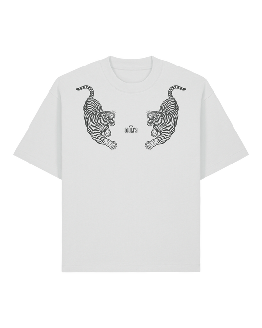 White twin tiger tee flat lay, front view